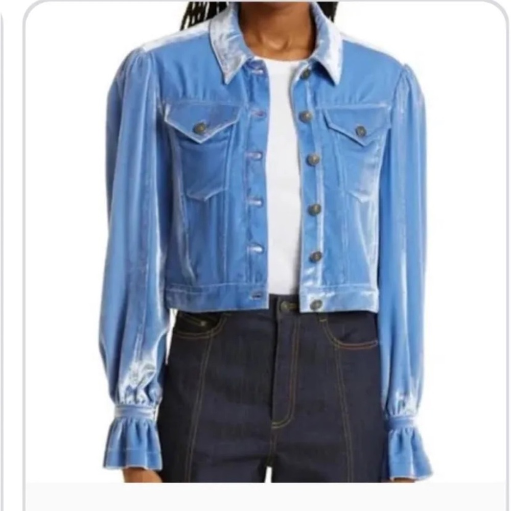 cinq a sept Sky Blue Velvet Cropped Jean Jacket